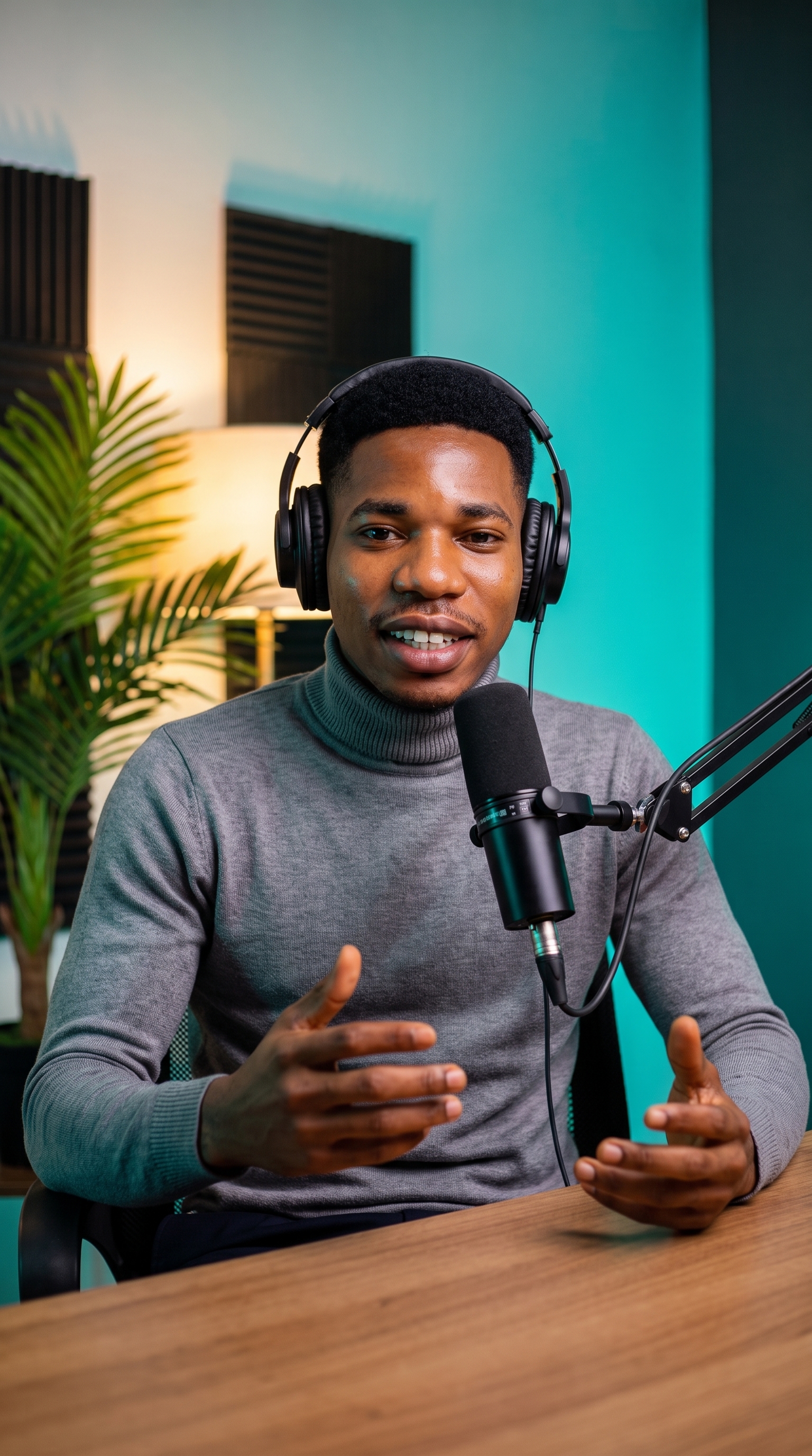 Man speaking into a microphone for a video project
